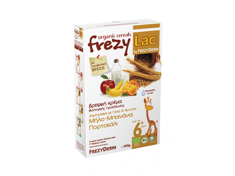 Frezyderm Frezylac Organic Cereals με Γάλα & Φρούτα Μήλο, Μπανάνα, Πορτοκάλι 200gr