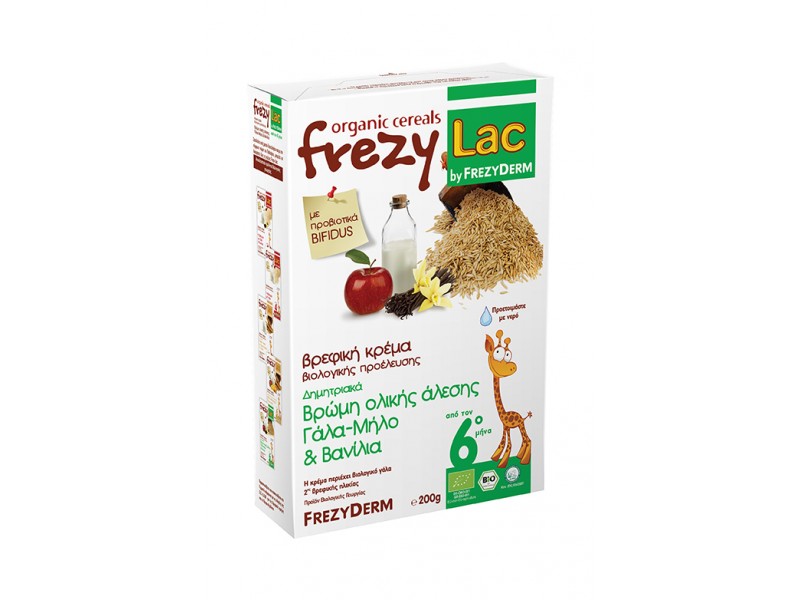 Frezyderm Frezylac Organic Cereals Βρώμη Ολικής Άλεσης Γάλα, Μήλο & Βανίλια 200gr