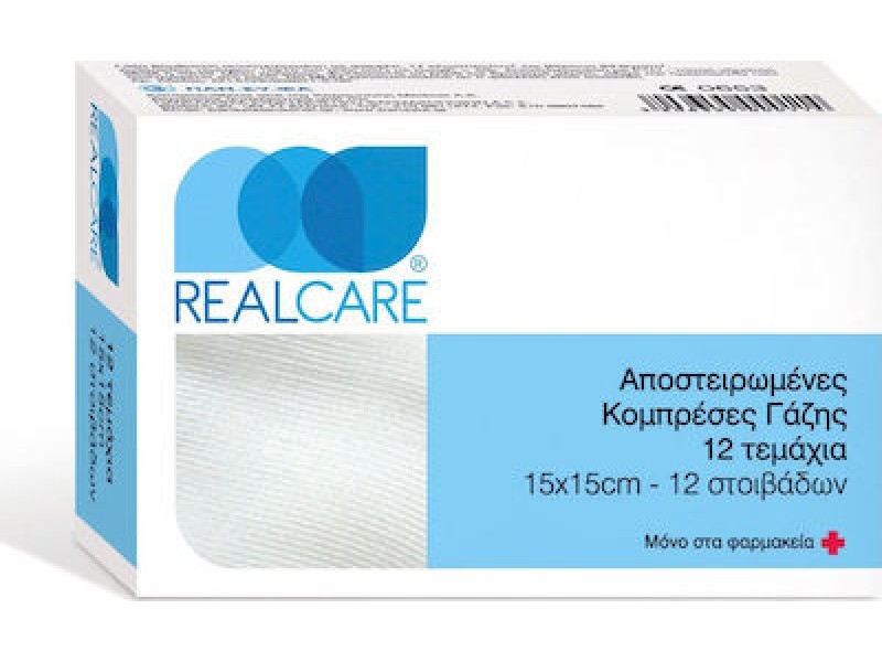 Real Care Αποστειρωμένες Κομπρέσες Γάζης 15 x 15cm 12 Τεμάχια