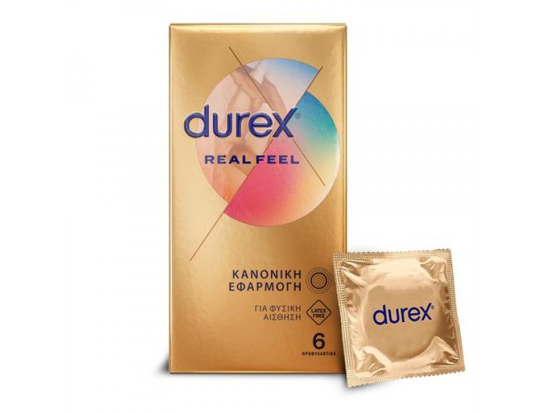 Durex Προφυλακτικά Πολύ Λεπτά Χωρίς Λάτεξ Real Feel  Κανονική Εφαρμογή, 6 τεμάχια
